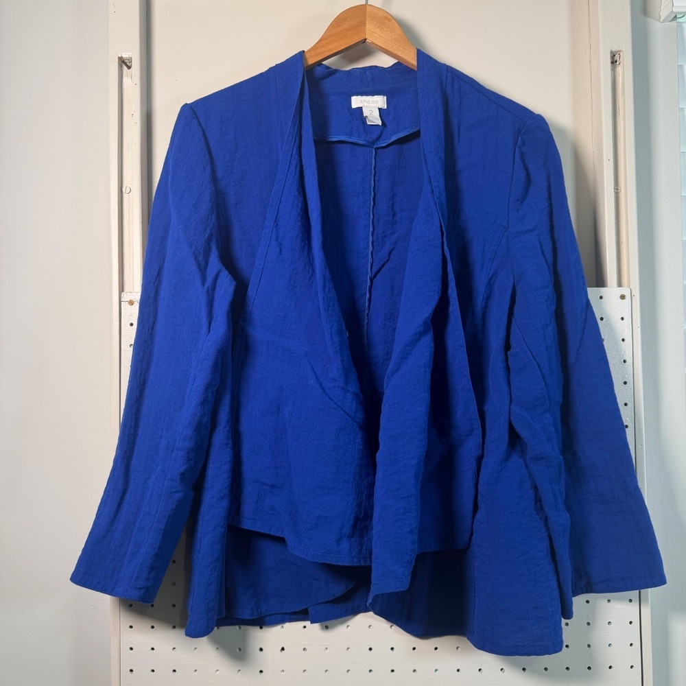 Chico's Drape Front Jacket Women's Blue Rayon Blend Long Sleeve Blazer - 2 Large